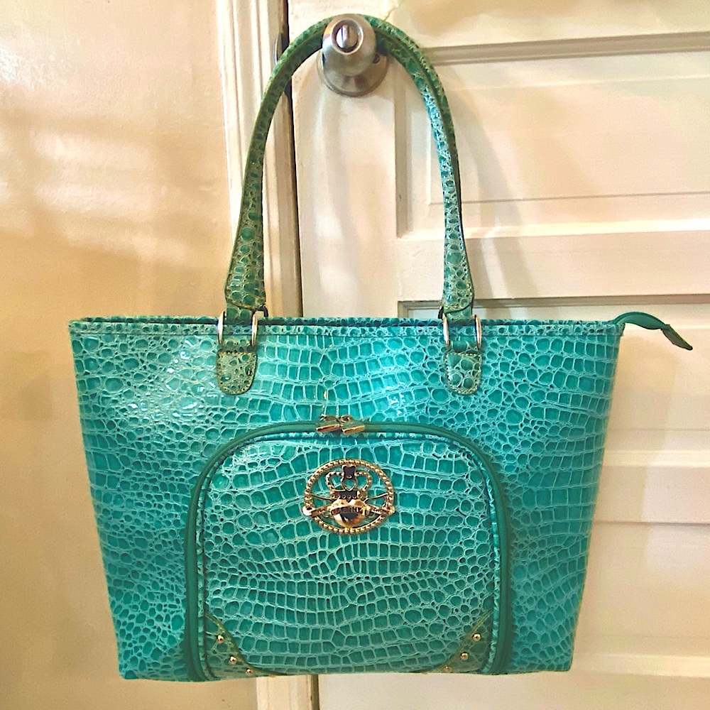 👑KATHY VAN ZEELAND👑NEW PVC CROC EMBOSSED SIDE OFFICE POCKET CARRY-ON TOTE BAG